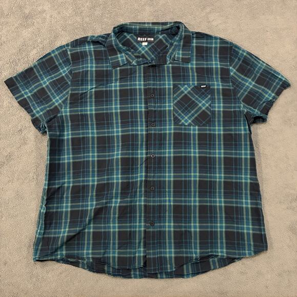 Reef Short Sleeve Green Black Blue Check Plaid Button Up Shirt Men's Size 2XL - Picture 1 of 10